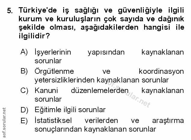 5. soru: Türkiye'de iş sağlığı ve güvenliğiyle ilgili kurum ve kuruluşların çok sayıda ve dağınık şekilde olması, aşağıdakiler…