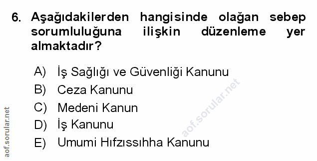 6. soru: Aşağıdakilerden hangisinde olağan sebep sorumluluguna ilişkin düzenleme yer almaktadır? A) Iş Sağlığı ve Güvenliği Ka…