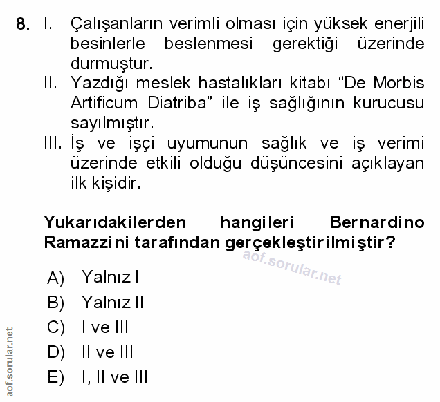 8. soru: I. Çalışanların verimli olması için yüksek enerjili besinlerle beslenmesi gerektiği üzerinde durmuştur. Il. Yazdığı m…