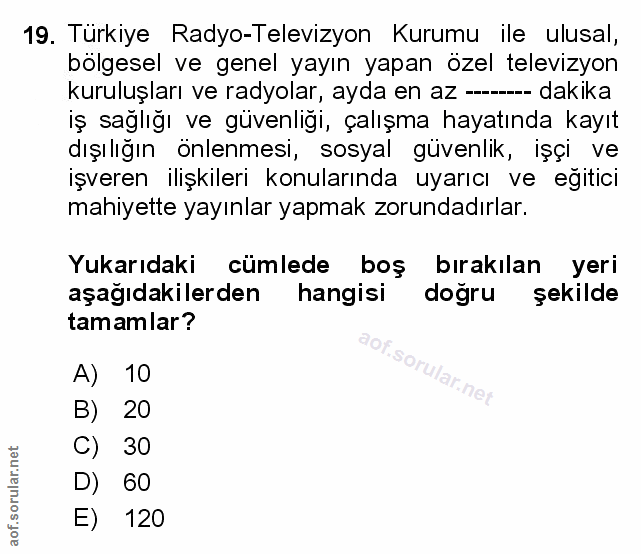 19. soru: Türkiye Radyo-Televizyon Kurumu ile ulusal, bölgesel ve genel yayın yapan özel televizyon kuruluşları ve radyolar, ay…