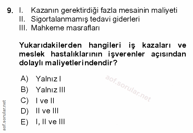 9. soru: I. Kazanın gerektirdigi fazla mesainin maliyeti II. Sigortalanmamış tedavi giderleri IlI. Mahkeme masrafları Yukarıda…