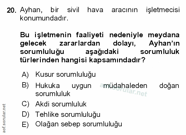 20. soru: Ayhan, bir sivil hava aracının işletmecisi konumundadır. Bu işletmenin faaliyeti nedeniyle meydana gelecek zararlarda…