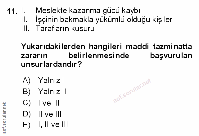 11. soru: I. Meslekte kazanma gücü kaybı Il. Işçinin bakmakla yükümlü olduğu kişiler Ill. Tarafların kusuru Yukarıdakilerden ha…