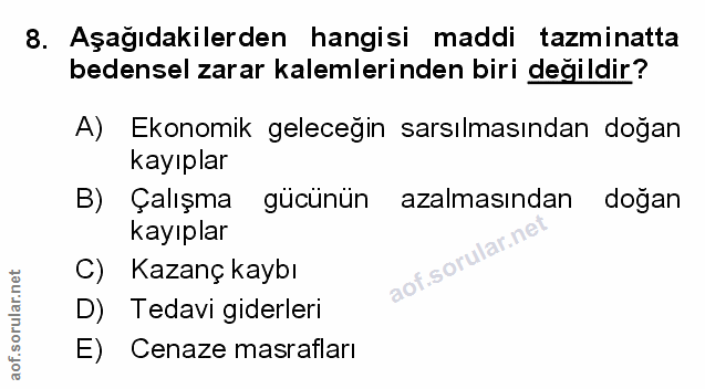 8. soru: Aşağıdakilerden hangisi maddi tazminatta bedensel zarar kalemlerinden biri değildir? A) A) Ekonomik geleceğin sarsılm…