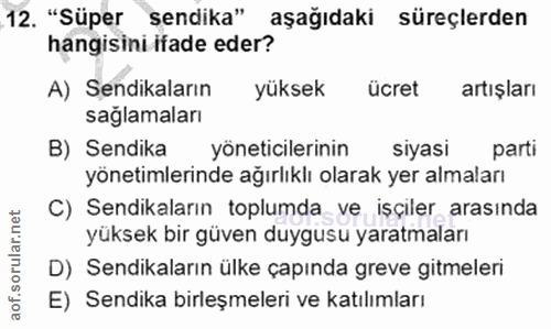12. soru: .12. "Süper sendika" aşağıdaki süreçlerden hangisini ifade eder? A) Sendikaların yüksek ücret artışları sağlamaları B…