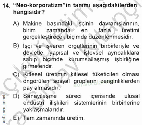 14. soru: "Neo-korporatizm" in tanımı aşağıdakilerden hangisidir? A) Makine başındaki işçinin davranışlarının, birim zamanda en…