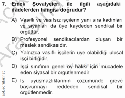 7. soru: Emek Şövalyeleri ile ilgili aşağıdaki ifadelerden hangisi dogrudur? A) Vasıflı ve vasıfsız işçilerin yanı sıra kadınl…