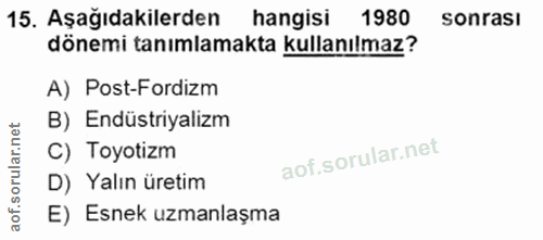 15. soru: Aşağıdakilerden hangisi 1980 sonrası dönemi tanımlamakta kullanılmaz? A) Post-Fordizm B) Endüstriyalizm C) Toyotizm D…