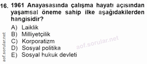 16. soru: 1961 Anayasasında çalışma hayatı açısından yaşamsal öneme sahip ilke aşağıdakilerden hangisidir? A) Laiklik B) Milliy…