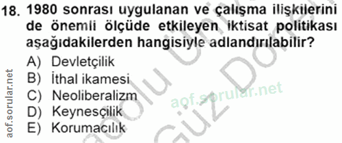 18. soru: 1980 sonrası uygulanan ve çalışma ilişkilerini de önemli ölçüde etkileyen iktisat politikası aşağıdakilerden hangisiy…
