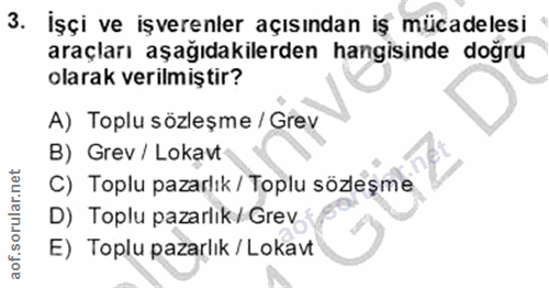 3. soru: İşçi ve işverenler açısından iş mücadelesi araçları aşağıdakilerden hangisinde doğru olarak verilmiştir? A) Toplu söz…
