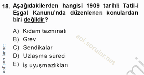 18. soru: Aşağıdakilerden hangisi 1909 tarihli Tatil-i Eşgal Kanunu'nda düzenlenen konulardan biri değildir? A) Kıdem tazminatı…