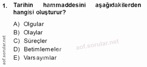 1. soru: Tarihin hammaddesini aşağıdakilerden hangisi oluşturur? A) Olgular B) Olaylar C) Süreçler D) Betimlemeler E) Varsayımlar