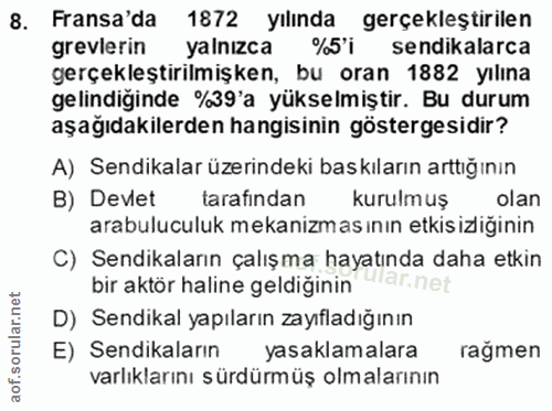 8. soru: Fransa'da 1872 yılında gerçekleştirilen grevlerin yalnızca %5'i sendikalarca gerçekleştirilmişken, bu oran 1882 yılın…