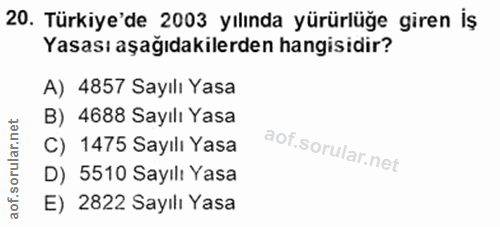 20. soru: Türkiye'de 2003 yılında yürürlüğe giren İş Yasası aşağıdakilerden hangisidir? A) 4857 Sayılı Yasa B) 4688 Sayılı Yasa…