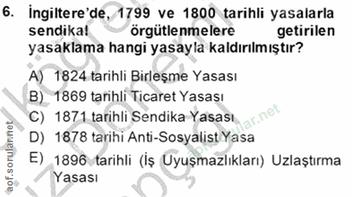6. soru: ingiltere'de, 1799 ve 1800 tarihli yasalarla sendika! örgütlenmelere getirilen yasaklama hangi yasayla kaldırılmıştır…