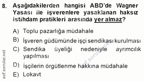 8. soru: Aşağıdakilerden hangisi ABD'de Wagner Yasası ile işverenlere yasaklanan haksız istihdam pratikleri arasında yer almaz…