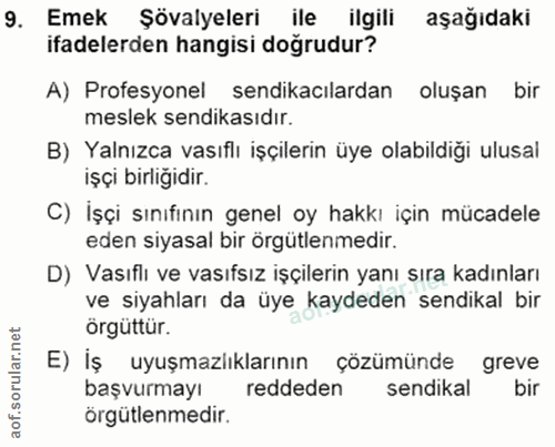 9. soru: Emek Şövalyeleri ile ilgili aşağıdaki ifadelerden hangisi doğrudur? A) Profesyonel sendikacılardan oluşan bir meslek…