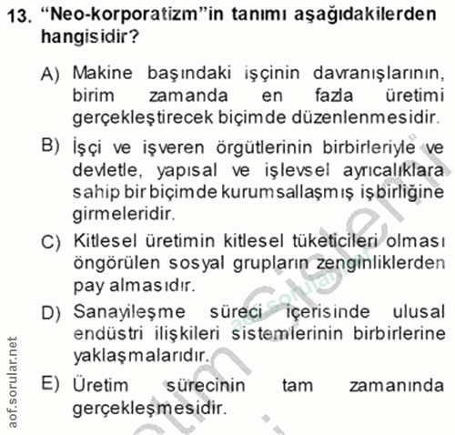 13. soru: "Neo-korporatizm" in tanımı aşağıdakilerden hangisidir? A) Makine başındaki işçinin davranışlarının, birim zamanda en…