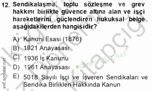 12. soru: Sendikalaşma, toplu sözleşme ve grev hakkını birlikte güvence altına alan ve işçi hareketlerini güçlendiren hukuksal…