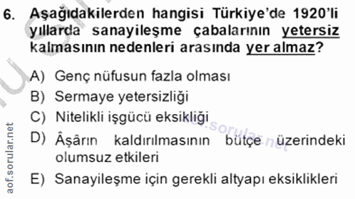 6. soru: Aşağıdakilerden hangisi Türkiye'de 1920'li yıllarda sanayileşme çabalarının yetersiz kalmasının nedenleri arasında ye…