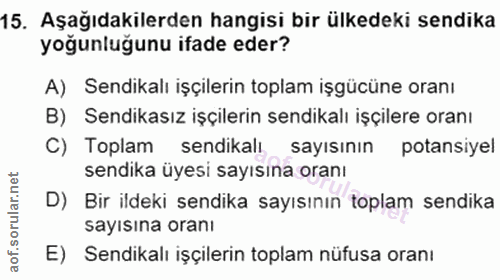 15. soru: Aşağıdakilerden hangisi bir ülkedeki sendika yoğunluğunu ifade eder? A) Sendikalı işçilerin toplam işgücüne oranı B)…