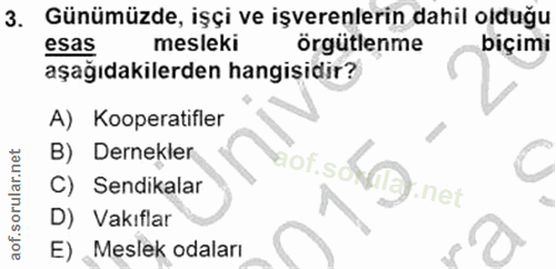 3. soru: Günümüzde, işçi ve işverenlerin dahil olduğu esas mesleki örgütlenme biçimi aşağıdakilerden hangisidir? A) Kooperatif…