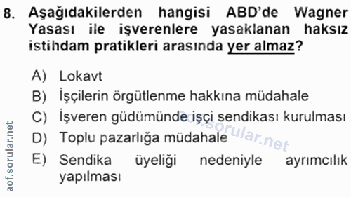 8. soru: Aşağıdakilerden hangisi ABD'de Wagner Yasası ile işverenlere yasaklanan haksız istihdam pratikleri arasında yer almaz…