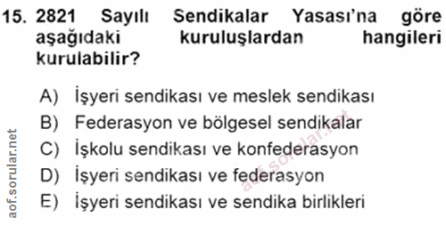 15. soru: 2821 Sayılı Sendikalar • Yasasi'na göre aşağıdaki kuruluşlardan hangileri kurulabilir? A) İşyeri sendikası ve meslek…