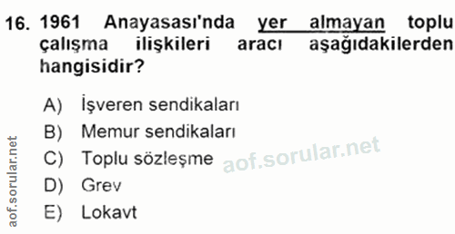 16. soru: 1961 Anayasası'nda yer almayan toplu çalışma ilişkileri aracı aşağıdakilerden hangisidir? A) Işveren sendikaları C) T…
