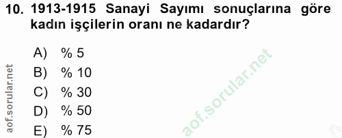 10. soru: 1913-1915 Sanayi Sayımı sonuçlarına göre kadın işçilerin oranı ne kadardır? A) % 5 B) % 10 C) % 30 D) % 50 E) % 75