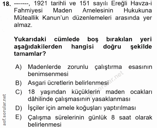 18. soru: --, 1921 tarihli ve 151 sayılı Ereğli Havza-i Fahmiyesi Maden Amelesinin Hukukuna Müteallik Kanun'un düzenlemeleri ar…
