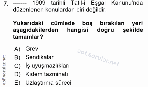 7. soru: 1909 tarihli Tatil-i Eşgal Kanunu'nda düzenlenen konulardan biri değildir. Yukarıdaki cümlede boş bırakılan yeri aşağ…