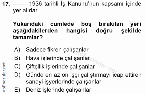 17. soru: -- 1936 tarihli İş Kanunu'nun kapsamı içinde yer alırlar. Yukarıdaki cümlede boş bırakılan yeri aşağıdakilerden hangi…