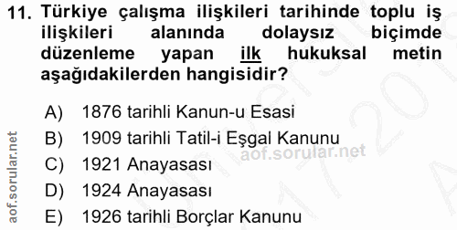 11. soru: Türkiye çalışma ilişkileri tarihinde toplu iş ilişkileri alanında dolaysız biçimde düzenleme yapan ilk hukuksal metin…