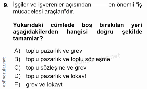 9. soru: İşçiler ve işverenler açısından -.... en önemli "iş mücadelesi araçları"dır. Yukarıdaki cümlede boş bırakılan yeri aş…