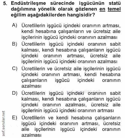 5. soru: Endüstrileşme sürecinde işgücünün statü dağılımına yönelik olarak gözlenen en temel eğilim aşağıdakilerden hangisidir…