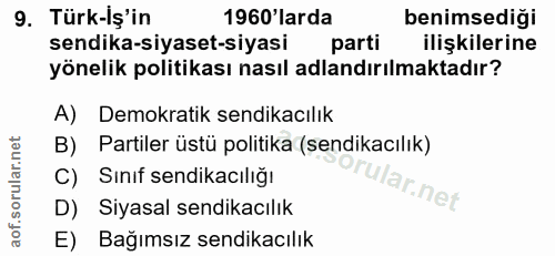 9. soru: Türk-Iş'in 1960 larda benimsediği sendika-siyaset-siyasi parti ilişkilerine yönelik politikası nasıl adlandırılmaktad…