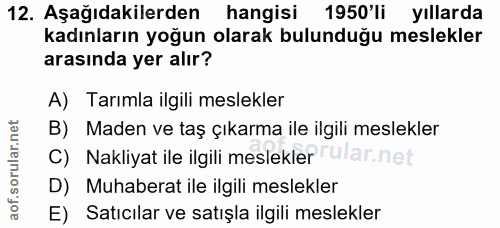 12. soru: Aşağıdakilerden hangisi 1950'li yıllarda kadınların yoğun olarak bulunduğu meslekler arasında yer alır? A) Tarımla il…