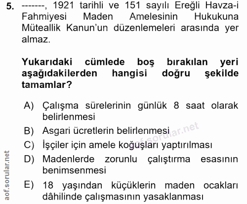 5. soru: -, 1921 tarihli ve 151 sayılı Ereğli Havza-i Fahmiyesi Maden Amelesinin Hukukuna Müteallik Kanun'un düzenlemeleri ara…
