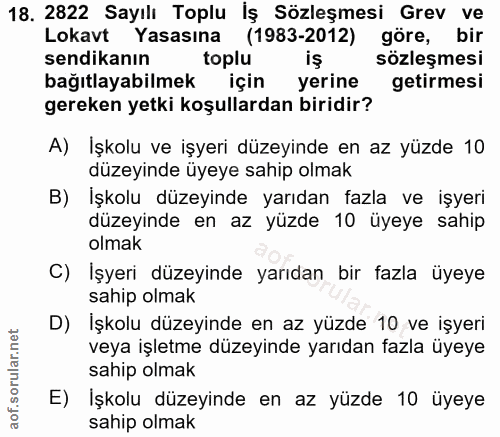 18. soru: 2822 Sayılı Toplu Iş Sözleşmesi Grev ve Lokavt Yasasına (1983-2012) göre, bir sendikanın toplu iş sözleşmesi bağıtlay…