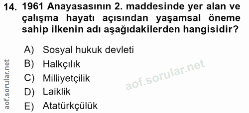 14. soru: 1961 Anayasasının 2. maddesinde yer alan ve çalışma hayatı açısından yaşamsal öneme sahip ilkenin adı aşağıdakilerden…