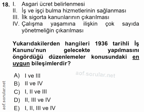 18. soru: I. Asgari ücret belirlenmesi II. Iş ve işçi bulma hizmetlerinin sağlanması III. Ilk sigorta kanunlarının çıkarılması…