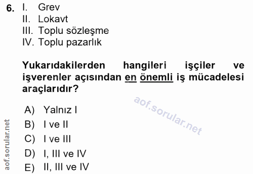 6. soru: I. Grev Il. Lokavt Ill. Toplu sözleşme IV. Toplu pazarlık Yukarıdakilerden hangileri işçiler ve işverenler açısından…