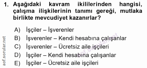 1. soru: Aşağıdaki kavram ikililerinden hangisi, çalışma ilişkilerinin tanımı gereği, mutlaka birlikte mevcudiyet kazanırlar?…