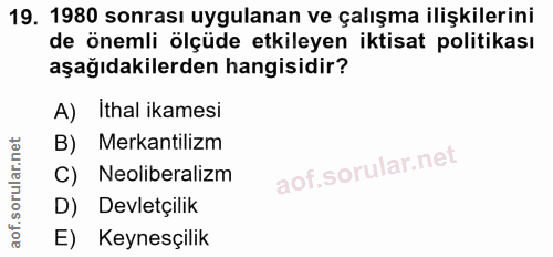 19. soru: 1980 sonrası uygulanan ve çalışma ilişkilerini de önemli ölçüde etkileyen iktisat politikası aşağıdakilerden hangisid…