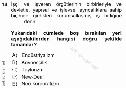 14. soru: İşçi ve işveren örgütlerinin birbirieriyle ve devletle, yapısal ve işlevsel ayrıcalıklara sahip biçimde girdikleri ku…