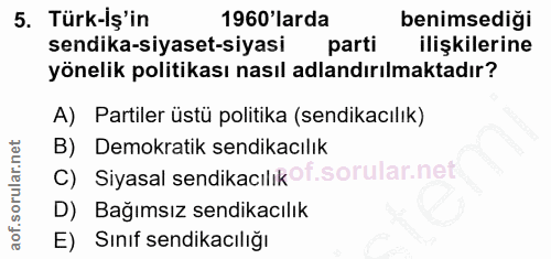 5. soru: Türk-İş'in 1960 larda benimsedigi sendika-siyaset-siyasi parti ilişkilerine yönelik politikası nasıl adlandırılmaktad…