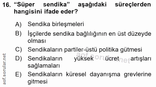 16. soru: "Süper sendika" aşağıdaki süreçlerden hangisini ifade eder? A) Sendika birleşmeleri B) İşçilerde sendika bağlılığının…