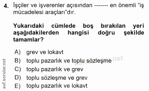 4. soru: İşçiler ve işverenler açısından -—__- en önemli "iş mücadelesi araçları"dır. Yukarıdaki cümlede boş bırakılan yeri aş…